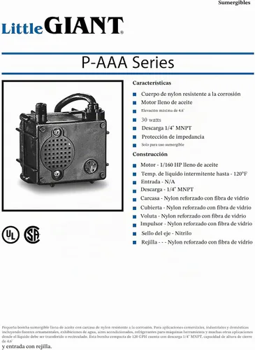 Vista 8 de Litle Giant P-AAA, 115 V, 120 GPH Bomba de agua sumergible pequeña, cable