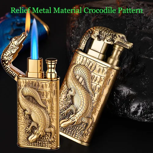 Vista 5 de Encendedor de antorcha, diseño de cocodrilo en relieve, encendedor mágico de doble llama con herramienta de llama de ajuste, encendedores de butano