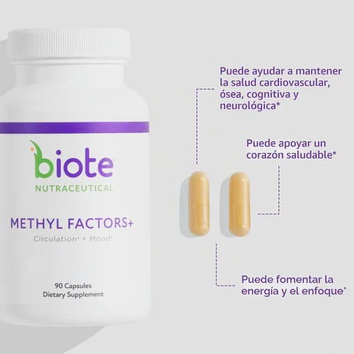 Vista 2 de Biote Nutraceuticals - Factores de metilo+- Circulación + estado de ánimo (90 cápsulas)