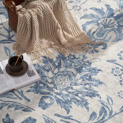 Vista 33 de jinchan Lima - Alfombra simétrica floral geométrica lavable, alfombra de entrada de medio círculo de 2 x 3, alfombra de media luna, suave y Azul