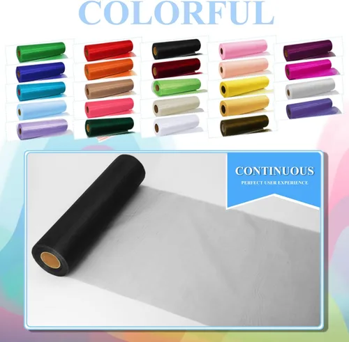 Vista 4 de Rollos de tela de tul negro con cristales y organza 12 pulgadas por 150 pies (45,72 m), tela transparente para manualidades, lazos de tutú