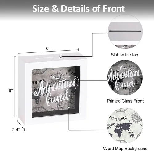 Vista 5 de 6x6 White Shadow Box Adventure Fund Mapa del mundo Caja de ahorro de dinero de madera, caja de memoria de fondos de viaje, exhibición decorativa