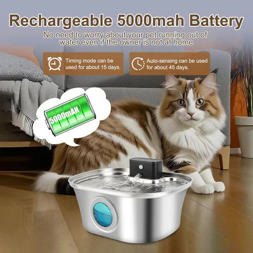 Vista 4 de Fuente de agua inalámbrica para gatos, acero inoxidable, dispensador de agua grande de 3.2 L para perros con boquilla, alimentador automático