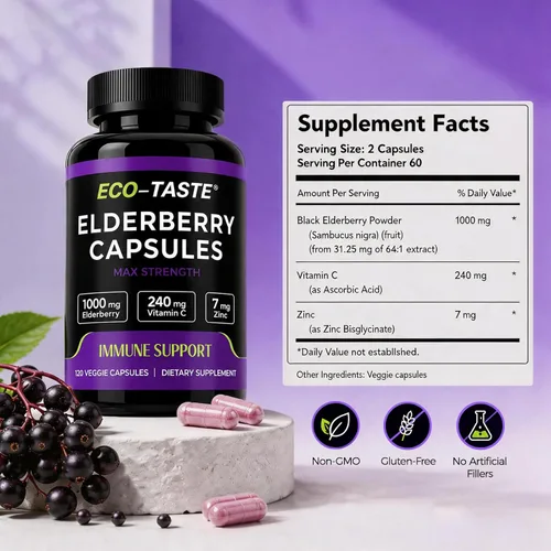 Vista 3 de ECO-TASTE Cápsulas de saúco con zinc y vitamina C, 120 cápsulas, bayas de saúco Sambucus para apoyo inmunológico, salud de la piel, cápsulas