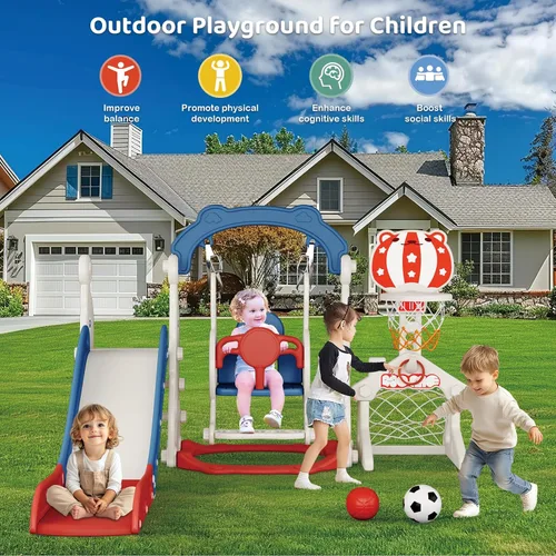 Vista 5 de Juego de tobogán para niños pequeños, 6 en 1, mejora con tobogán, columpio, fútbol y lanzamiento de anillos para niños de 1 a 3 años, parque