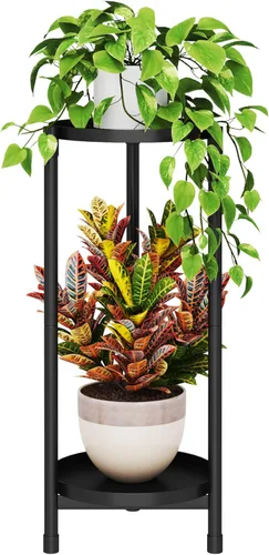 Vista 9 de Soporte negro de 2 niveles para plantas en interiores, 30 pulgadas de alto, estante de esquina de metal resistente para plantas estrechas para piso