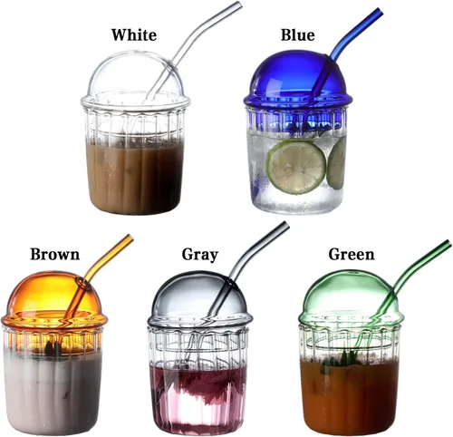 Vista 2 de TITA-DONG Lindos vasos para beber con tapa de cúpula y pajilla, vasos reutilizables de boca ancha para batidos de 15 onzas, vaso de vidrio para café