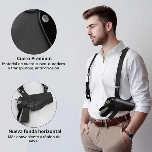 Vista 4 de Funda de hombro general vertical para pistola ajustable de cuero PU para transporte oculto con doble bolsillo para municiones - Compatible