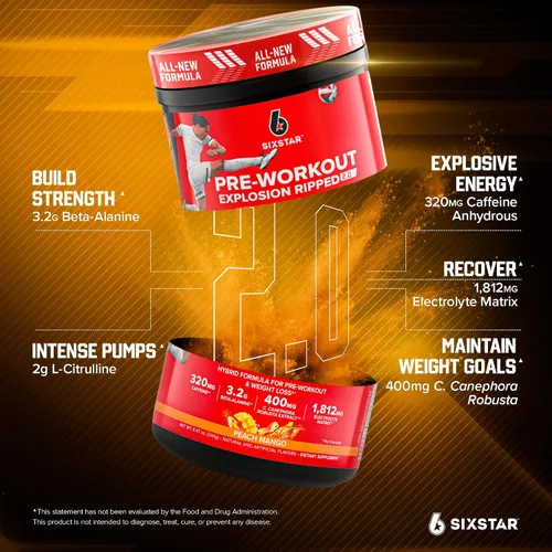 Vista 3 de Six Star Explosión preentrenamiento, melocotón y mango (30 porciones) - Suplemento energético en polvo para preentrenamiento para hombres y mujeres