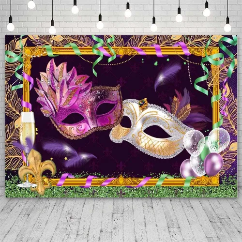 Vista 2 de Telones de fondo de Mardi Gras de 7 x 5 pies para fotografía, decoraciones de fiesta de máscaras, máscaras moradas y blancas, fondo de fotografía