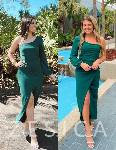 Vista 6 de ZESICA Vestido de cóctel de manga larga con un hombro descubierto para mujer, sexy, con abertura alta, fruncido, entallado, para fiesta de boda