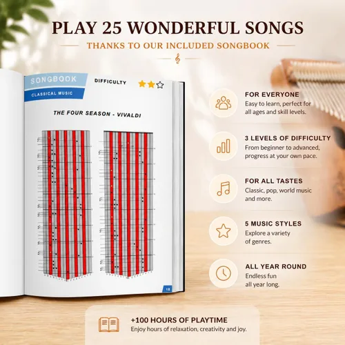 Vista 3 de Orora Kalimba 17 Keys Thumb Piano - Songbook included with 25 Songs - Varnished Wood Musical Instrument - Finger Piano with Protection Case, Stand