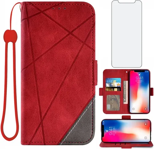 Vista 10 de Funda compatible con iPhone Xs X 10 y 10s y protector de pantalla de vidrio templado, funda de cuero con tapa para tarjeta de crédito, fundas