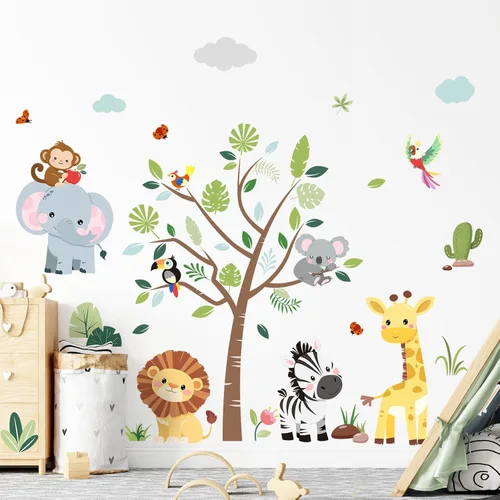 Vista 3 de Calcomanías de pared de animales de la selva, elefante, jirafa, león, cebra, calcomanías de pared para niños, dormitorio, sala de estar, guardería