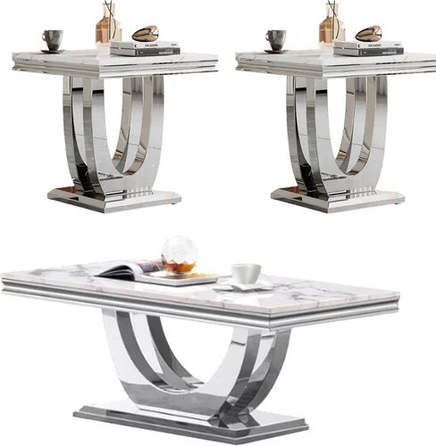 Vista 12 de SSLine Moderna mesa de centro de 1 pieza para sala de estar, mesa de centro de lujo de mármol sintético con patas de acero inoxidable en forma de S