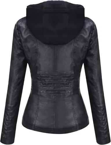 Vista 3 de Springrain Women's Faux Leather Jacket Moto Biker Coat with Detachable Hood Motorcycle Jacket