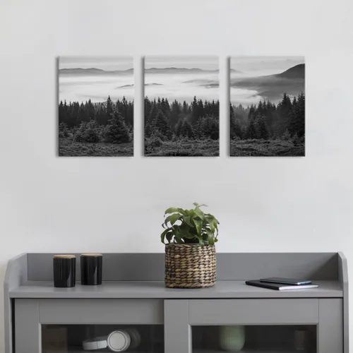 Vista 5 de Lienzo de montaña ahumada en blanco y negro, arte de pared, imágenes de bosque, decoración de pared, árboles brumosos, paisaje, pinturas