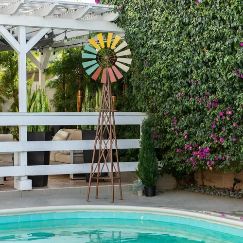 Vista 2 de Alpine Corporation Molino de viento de metal para exteriores de 92 pulgadas de alto, estaca de jardín y soporte para plantas, decoración de patio
