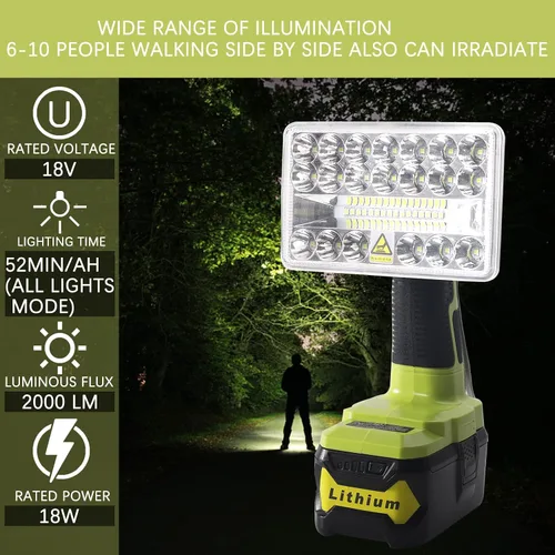 Vista 6 de YEX-BUR Luz de trabajo LED inalámbrica para batería Ryobi de 18 V, 18 W, 2000 lúmenes, foco LED de mano, linterna portátil para el lugar de trabajo