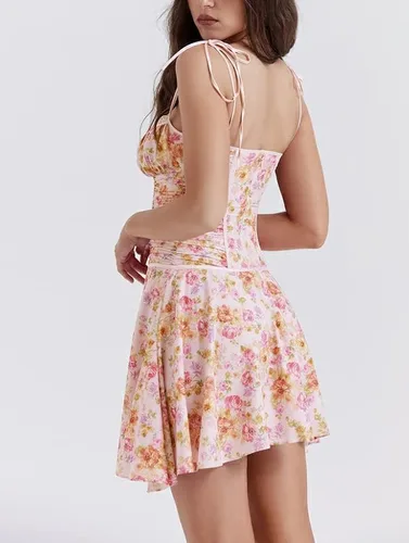 Vista 6 de Yuemengxuan Mini vestido sexy de corsé para mujer, con tirantes delgados, vestido ajustado Y2K, corte bajo, con cordones, vestido corto para fiesta