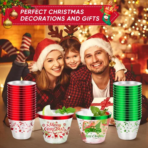 Vista 5 de 60 Pcs Vasos de Fiesta de Navidad de 9 oz, Vaso de Plástico Feliz Navidad, Vaso Transparente Desechable de Navidad con Borde Rojo y Verde, Vasos