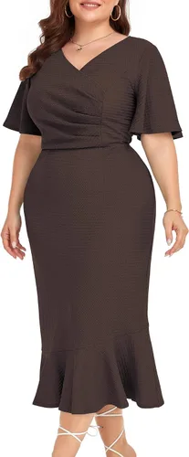 Vista 3 de LALAGEN Vestido de talla grande para mujer, modesto, de manga corta, fruncido, entallado, de sirena, vestido midi de cóctel, 1X-6X