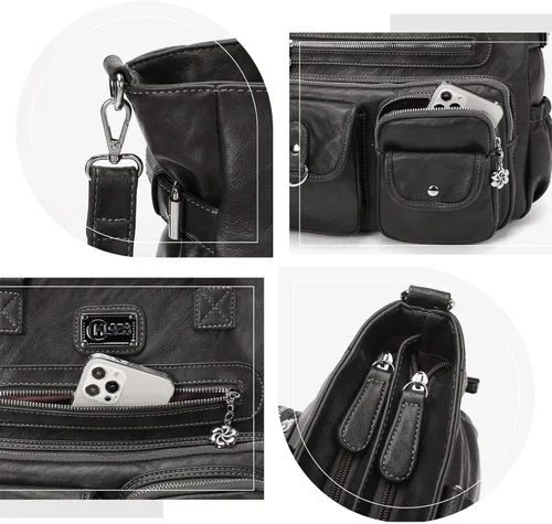 Vista 3 de KL928 Bolsos grandes para mujer, bolso de hombro, bolso de mano, elegantes bolsos Hobo de cuero vegano para señoras, A-Negro-4 01-gris carbón
