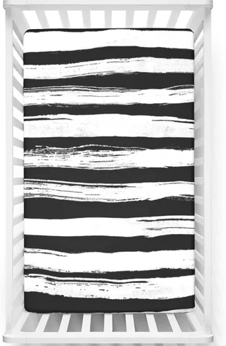 Vista 8 de Sábanas bajeras ajustables para cuna con temática de rayas blancas y negras, mini sábanas portátiles para cuna, material ultra suave, ideal