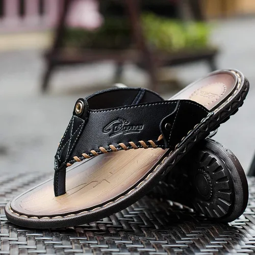 Vista 5 de Chanclas para hombre sandalias de cuero casuales para el hogar para hombre suela de goma zapatillas