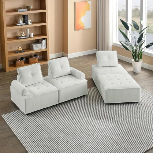 Vista 62 de Quarte Sofá seccional en forma de U, sofá modular con dos asientos individuales, dos sillas, combinación de bricolaje, tela de hilo en bucle Beige/5
