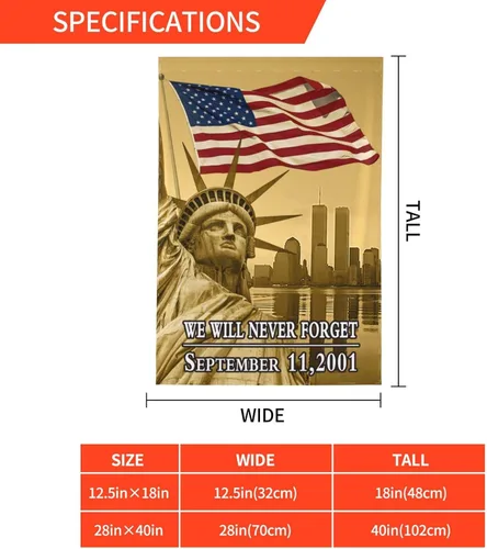 Vista 3 de Bandera de jardín con texto en inglés "We Will Never Forget 9-11" de 12.5 x 18 pulgadas, de doble cara, duradera, resistente a la decoloración