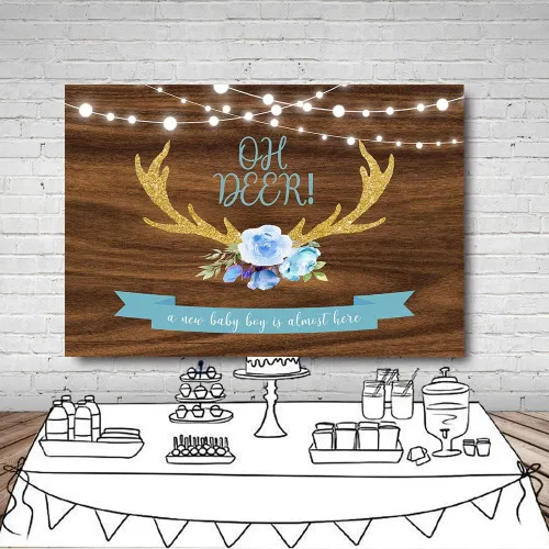 Vista 4 de MEHOFOND 7 x 5 pies Oh Deer Baby Shower fondo utilería azul floral madera rústica It's A Boy Baby Shower Gold Buck caza luces con purpurina bosque