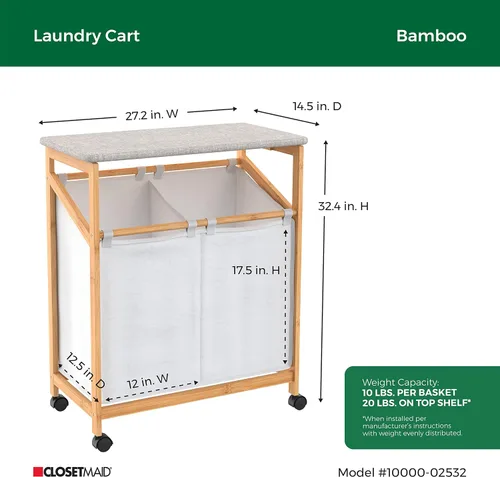 Vista 4 de ClosetMaid Cesta de bambú para ropa sucia con tabla de planchar, estación plegable, compartimentos dobles con divisor, clasificador portátil