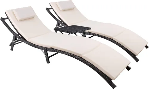 Vista 9 de Devoko Juego de tumbonas para patio al aire libre de ratán con respaldo ajustable, 3 piezas acolchadas para patio plegable con mesa plegable (azul)