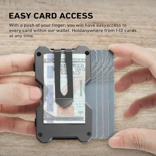Vista 5 de Cartera táctica para hombre, cartera de metal delgada y minimalista de fibra de carbono, clip de dinero de acero inoxidable, bloqueo RFID, tarjetero