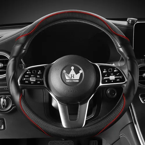 Vista 8 de HighnessHwoo Funda 3D para volante de automóvil, agarre cómodo, masaje deportivo, antideslizante, de fibra de carbono, piel sintética para sedán