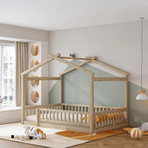 Vista 3 de RUNNA Marco de cama de madera de tamaño matrimonial con valla, para niños, adolescentes, niñas, niños, (Natural-Thinck 4col)