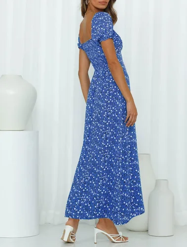 Vista 4 de ZESICA - Vestido de verano largo para mujer, diseño acampanado con cuello cuadrado y volantes, estampado floral y bohemio, para la playa