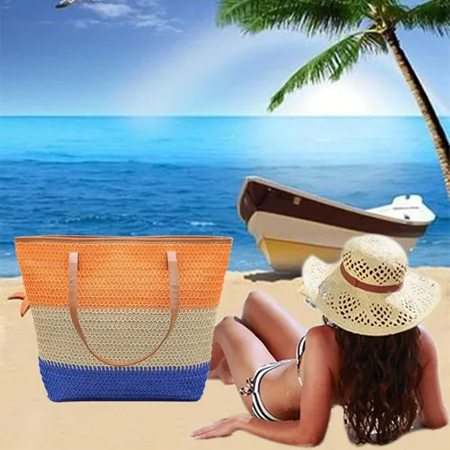 Vista 116 de Bolso grande de paja para mujer, tejido de ratán, bolso de playa de verano, a rayas