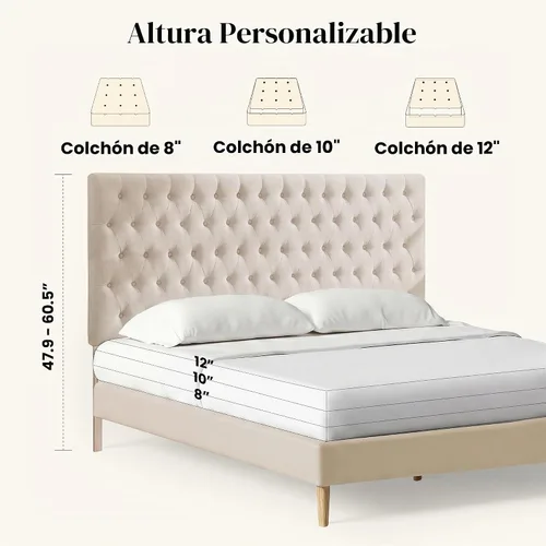 Vista 2 de Kingfun Cabecera tapizada de tamaño Queen solamente, cabeceros capitoné de lino de alta calidad, cabecero ajustable de madera maciza, cabecera Beige
