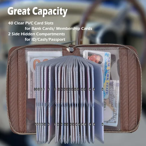 Vista 3 de Tarjetero para tarjetas de crédito, cartera grande, de cuero, funda para pasaporte, 42 ranuras para tarjetas