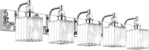 Vista 15 de Ralbay - Luces de tocador de cristal, 2 luces, modernas lámparas de cromo de cristal para iluminación de baño, para usar sobre el espejo