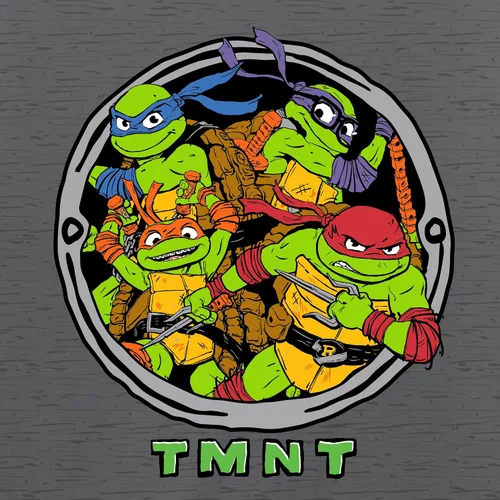 Vista 3 de Teenage Mutant Ninja Turtles Camiseta TMNT Mutant Mayhem Movie Sewer Character Group para niños, Leo, Donnie, Raph, Mikey