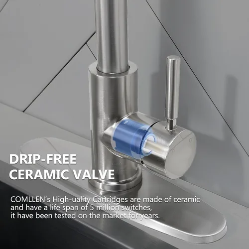 Vista 5 de Comllen Grifo de cocina con rociador extraíble, grifos de cocina de acero inoxidable de níquel cepillado, grifo comercial de arco alto de una sola