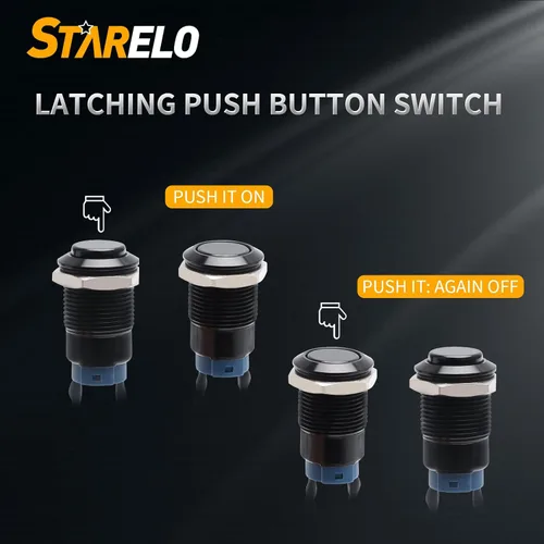 Vista 4 de STARELO 5 piezas 12 mm Interruptor de botón de cierre con carcasa negra y pre-cableado, interruptor de botón de presión impermeable IP65, aleación
