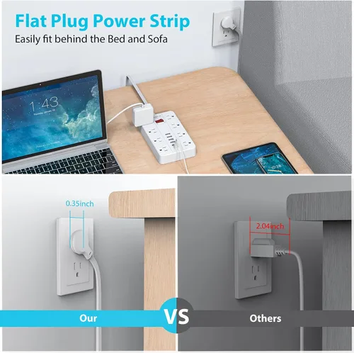 Vista 3 de Protector de sobretensiones con 6 puertos USB (1USB C), cable de extensión AOFO de 5 pies con 8 tomas ampliamente espaciadas, estación de carga