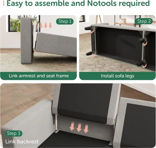Vista 4 de HONBAY Sofá seccional convertible en forma de L con tela de lino, sofá reversible para espacio pequeño, gris medio claro