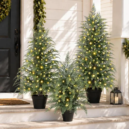 Vista 7 de Árbol de Navidad con luces de 2 pies, 3 pies y 4 pies, juego de 3 árboles de Navidad de cedro preiluminados, mini árbol de Navidad artificial