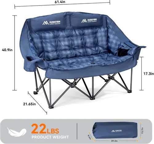Vista 3 de Huskfirm - Silla de camping doble acolchada con respaldo alto para 2 personas, color azul