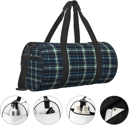 Vista 3 de Large Duffle Bag for Travel - Green Black Retro Plaid Print Gym Bag for Women Men, Travel Foldable Bags for Women Men with Zippered Multiple Pockets